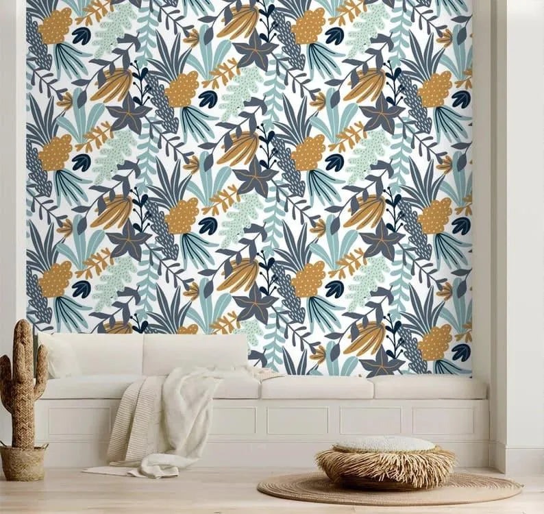 Illustrated Blue Botanical Floral Wallpaper