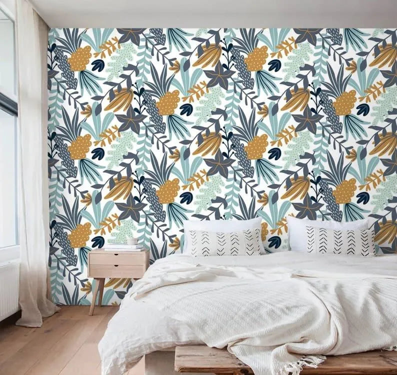 Illustrated Blue Botanical Floral Wallpaper