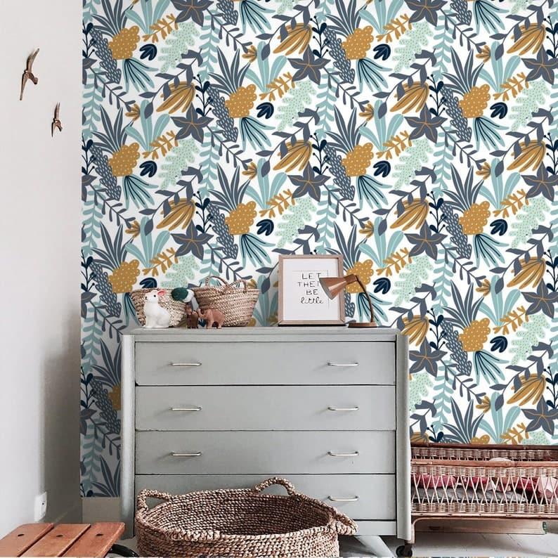 Illustrated Blue Botanical Floral Wallpaper