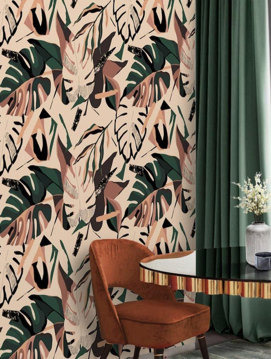 Illustrated Colorful Tropical Monstera Leaves Wallpaper - MAIA HOMES