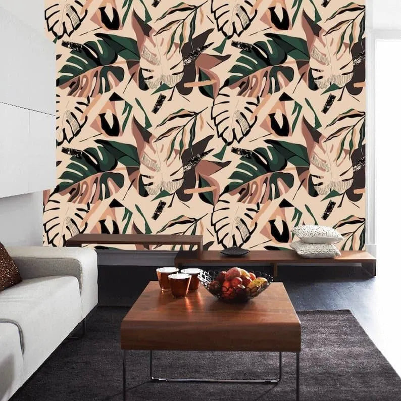 Illustrated Colorful Tropical Monstera Leaves Wallpaper