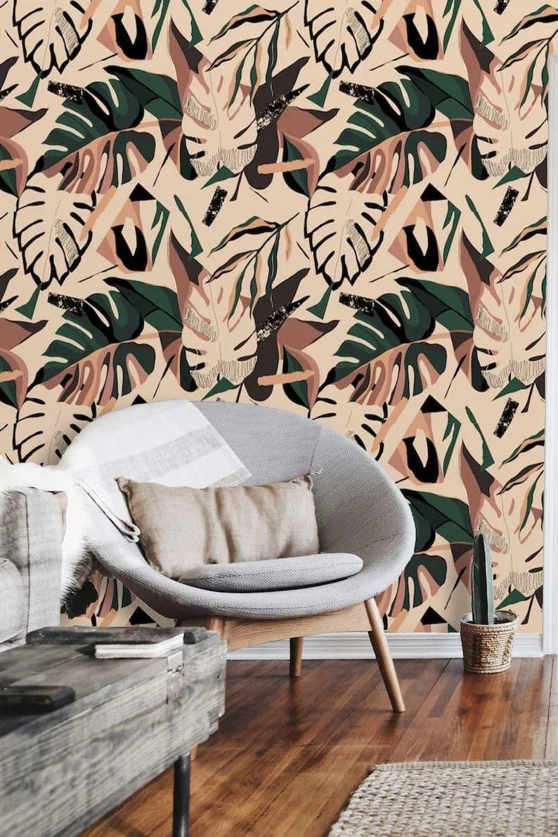 Illustrated Colorful Tropical Monstera Leaves Wallpaper