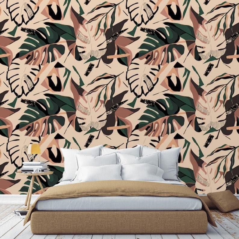 Illustrated Colorful Tropical Monstera Leaves Wallpaper - MAIA HOMES