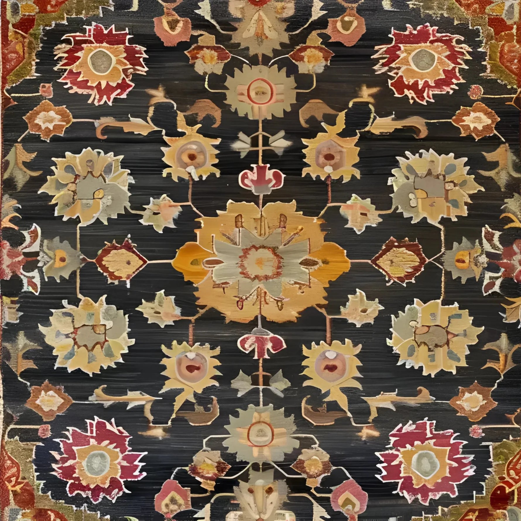 This Imperial Allure Hand Knotted Area Rug showcases a stunning vintage design with intricate floral patterns in warm hues. Perfect as a square area rug for large living rooms, this wool rug adds a touch of elegance and comfort to any space. Ideal for both living room and office settings, it embodies the charm of traditional Persian rugs.