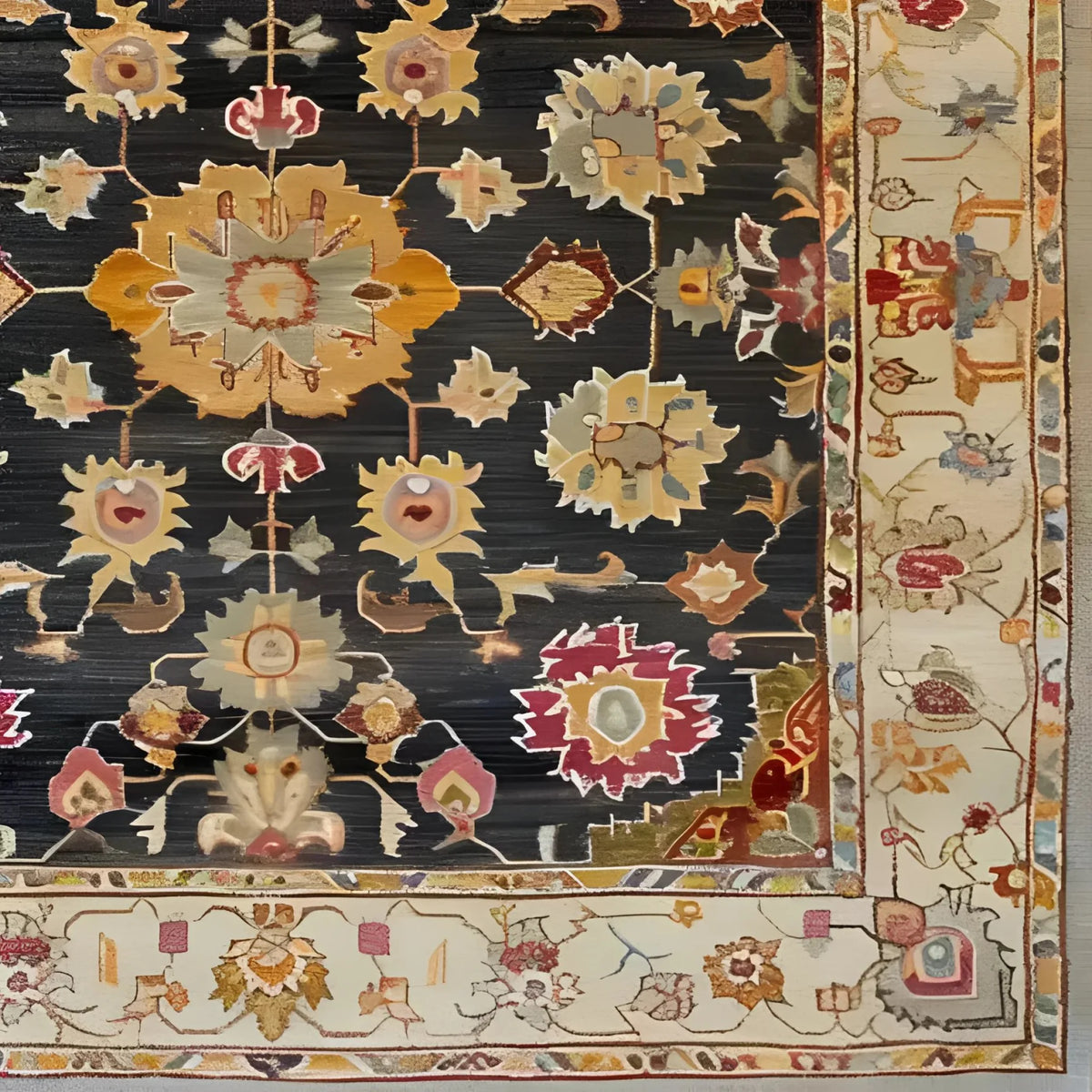 A vintage-inspired, hand-knotted area rug featuring an intricate floral design with a rich, dark background and vibrant border. This square rug is perfect for a large living room or office, offering a touch of Persian elegance with its wool construction and timeless appeal.