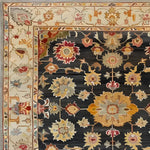 Close-up of the Imperial Allure Hand Knotted Area Rug showcasing intricate floral patterns with rich colors on a dark background. This vintage wool square area rug is perfect for enhancing large living rooms or offices with a touch of Persian elegance.