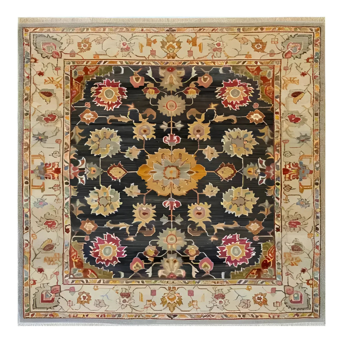 The Imperial Allure Hand Knotted Area Rug showcases a stunning floral design with vintage Persian influences, perfect for a large living room or office space. This square rug, crafted from high-quality wool, features an intricate pattern in rich, warm tones that add a touch of elegance and sophistication to any setting.
