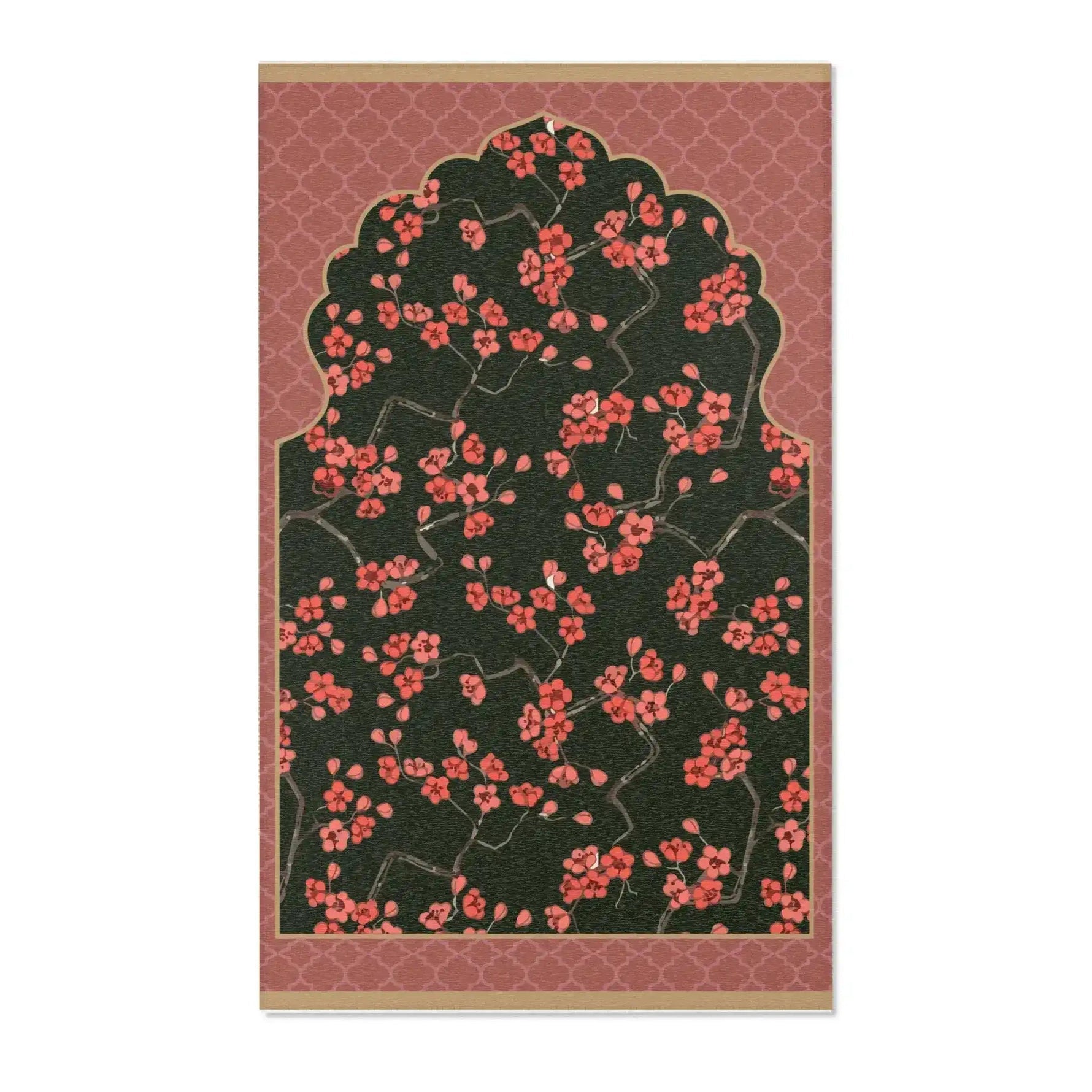 Imperial arch bloom rug, coral blossoms on dark green with pink quatrefoil border, full overhead view