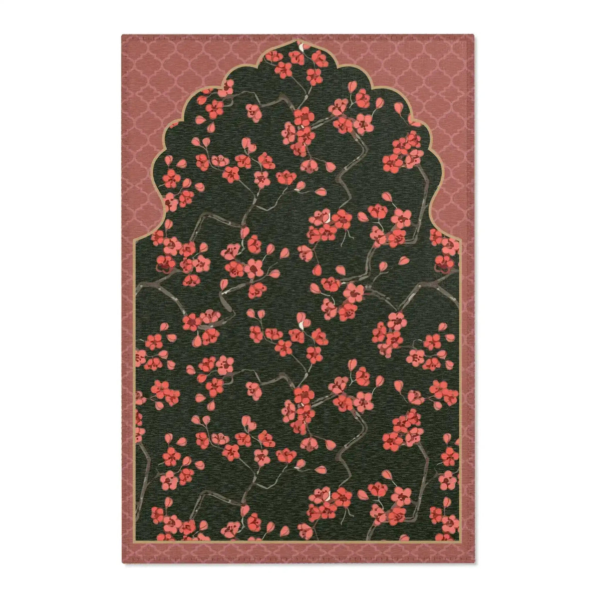 Imperial arch bloom rug with coral cherry blossoms on dark green within a pink arched border, flat view