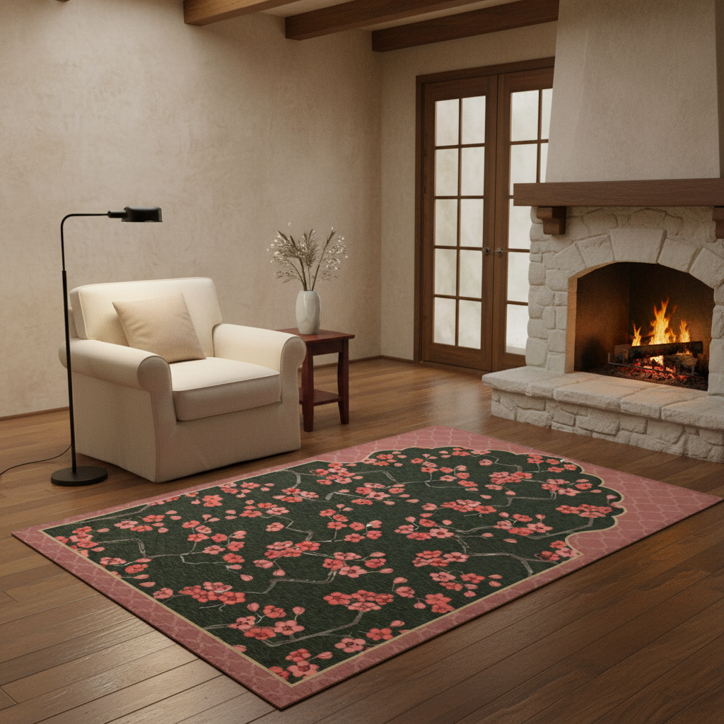 A rectangular area rug with a dark green background, pink floral pattern, and a dusty pink border, styled in a cozy living room next to a cream armchair and a stone fireplace.