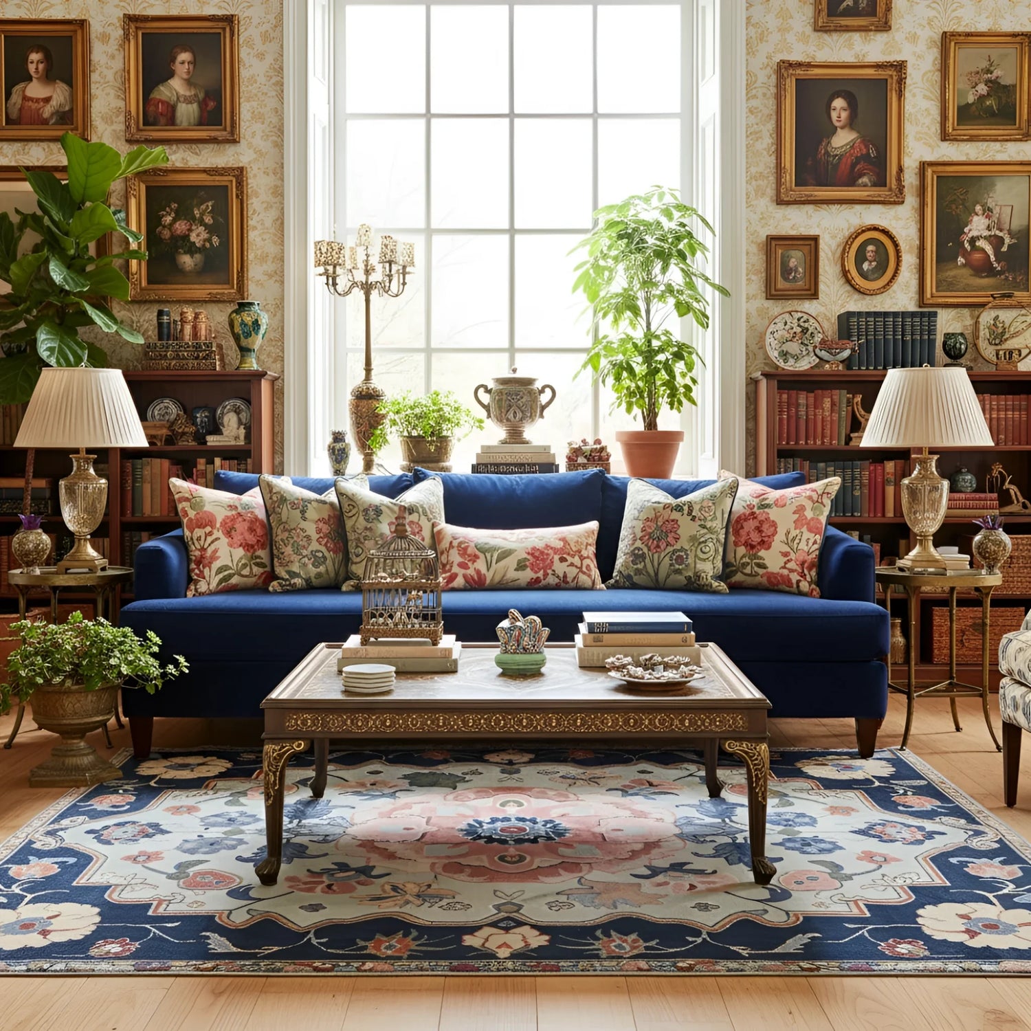 Cozy living room with a blue sofa, floral wool rug, and decorative items.