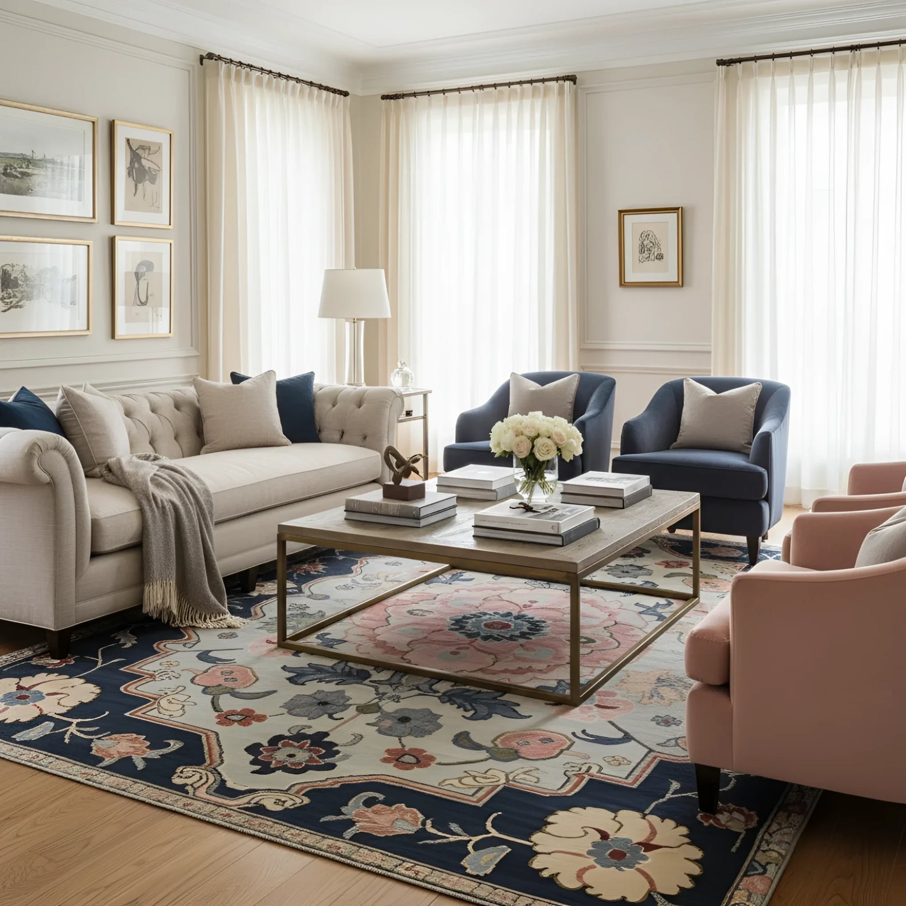 Living room with beige sofa, blue armchair, and pink chair on a floral rug.
