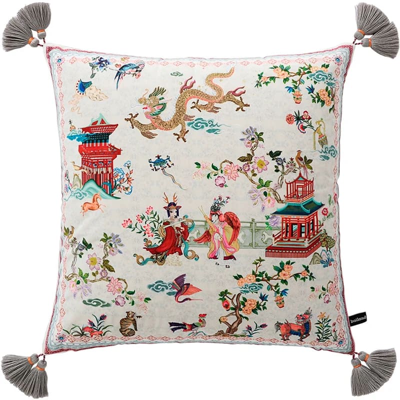 Decorative throw pillow featuring an intricate Imperial Dragon and musician design, embellished with floral patterns and tassels, perfect for adding a touch of elegance to any room.