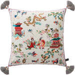 Decorative throw pillow featuring an intricate Imperial Dragon and musician design, embellished with floral patterns and tassels, perfect for adding a touch of elegance to any room.
