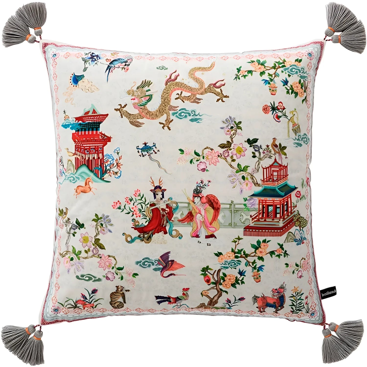 Decorative throw pillow featuring an intricate Imperial Dragon and musician design, embellished with floral patterns and tassels, perfect for adding a touch of elegance to any room.