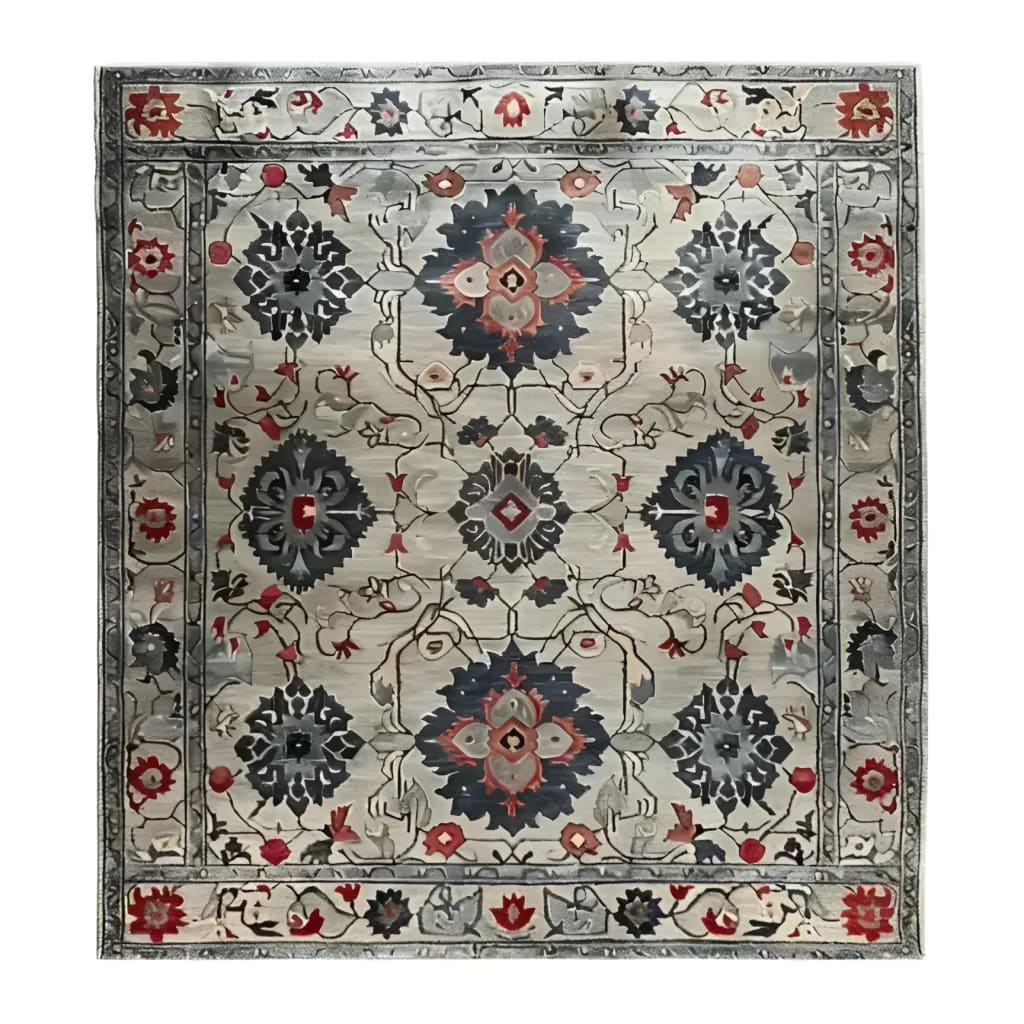 An elegant and vintage-inspired square area rug with intricate floral patterns in navy, red, and gray tones. This wool rug is perfect for a formal dining room or office setting, reminiscent of classic Persian rugs. The hand-tufted design adds a touch of sophistication to any space, making it an ideal choice for those seeking a stylish and timeless piece.