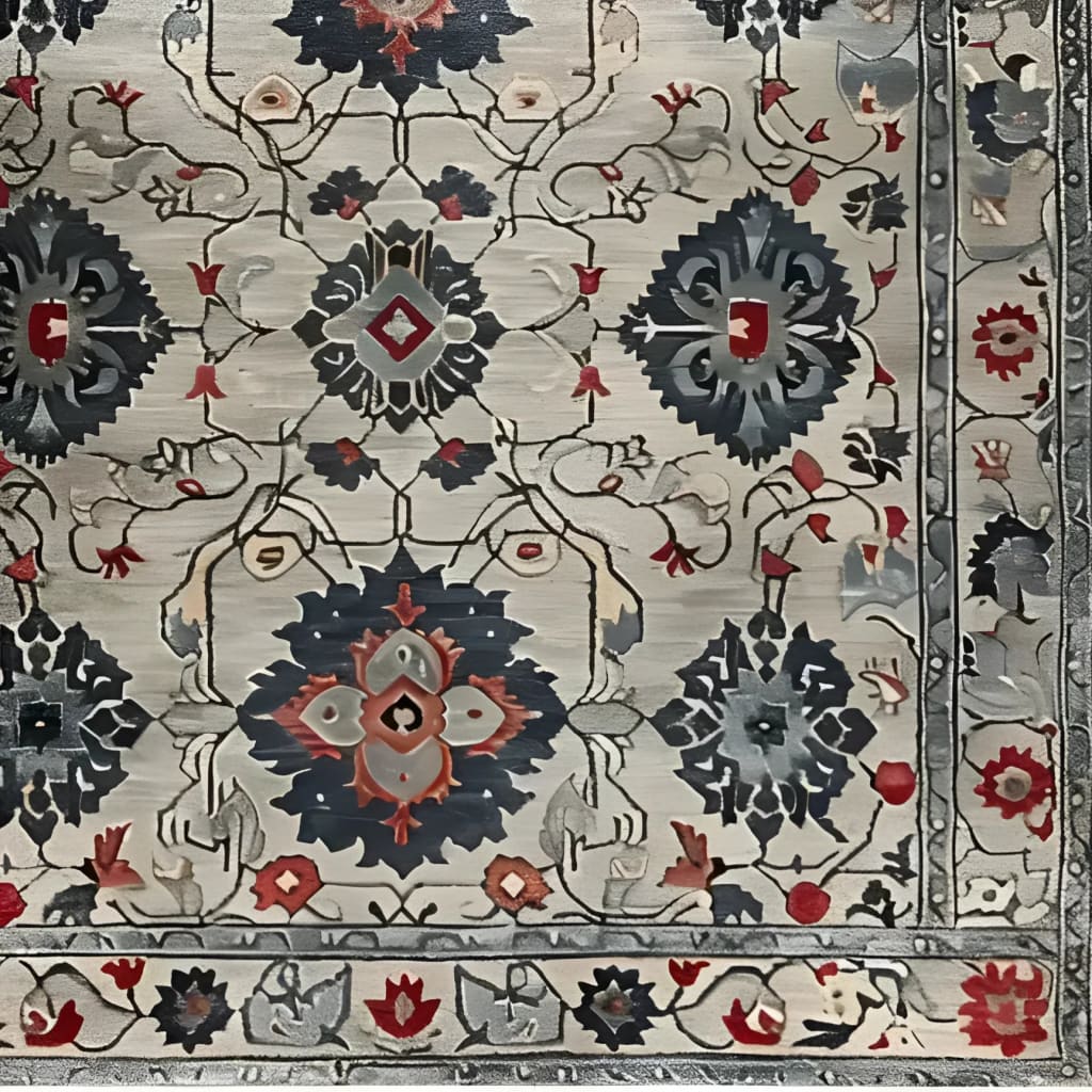 Imperial Elegance Hand Tufted Rug featuring a detailed floral design. This square area rug showcases intricate vintage patterns in rich, warm colors, ideal for a dining room or office. Its wool construction offers a luxurious feel, perfect for formal dining room settings or as a statement piece in an office. This Persian-inspired floral rug adds a touch of timeless elegance to any space.