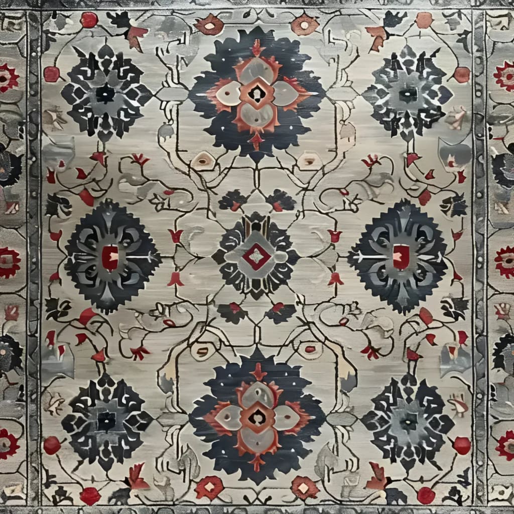 A beautifully designed square area rug featuring a vintage floral pattern in shades of blue, red, and beige. The wool rug is ideal for dining rooms or offices, adding a touch of Persian elegance to any formal space.