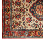 Close-up view of the Imperial Elegance Hand Tufted Wool Rug showcasing intricate floral patterns in rich colors. This elegant area rug is perfect for adding a touch of sophistication to living room spaces, making it an ideal choice for those seeking quality wool rugs and area rugs for living rooms.