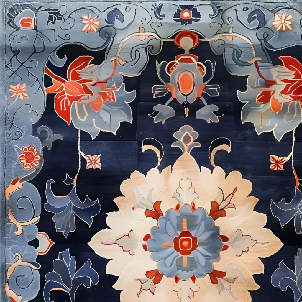 A close-up view of the Imperial Garden Hand Tufted Rug, showcasing its intricate floral patterns and vibrant colors. This vintage wool rug, ideal for an office or living room, features a rich blend of blues, reds, and creams, adding a timeless elegance to any space. Perfect as a large area rug, it enhances the aesthetic of both modern and traditional interiors.