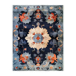 Imperial Garden Hand Tufted Area Rug featuring an intricate vintage floral pattern in shades of blue, orange, and cream. This large wool rug is perfect for adding a touch of elegance to your office or living room. Ideal as a statement piece, this rug combines traditional charm with modern durability.