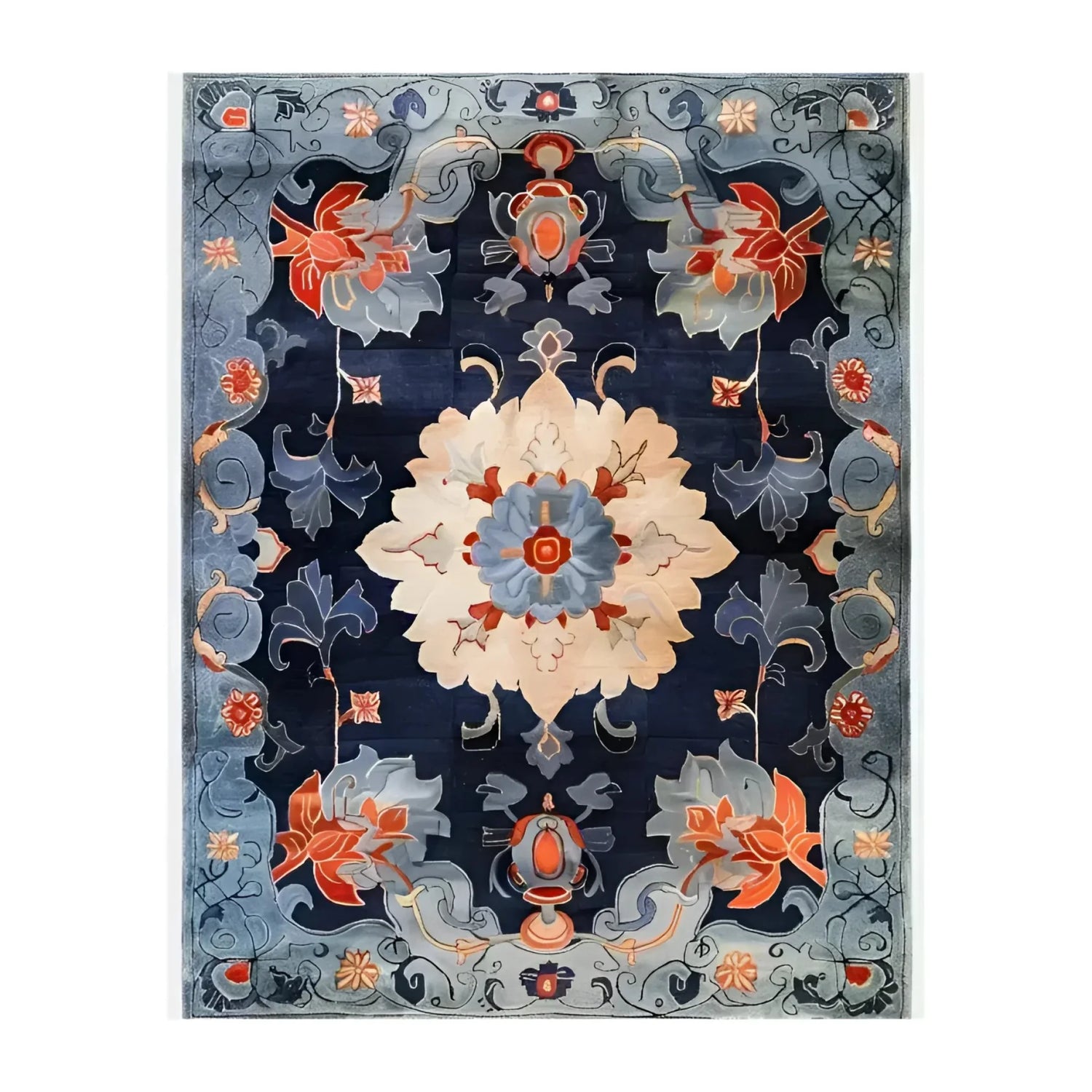 Imperial Garden Hand Tufted Area Rug featuring an intricate vintage floral pattern in shades of blue, orange, and cream. This large wool rug is perfect for adding a touch of elegance to your office or living room. Ideal as a statement piece, this rug combines traditional charm with modern durability.