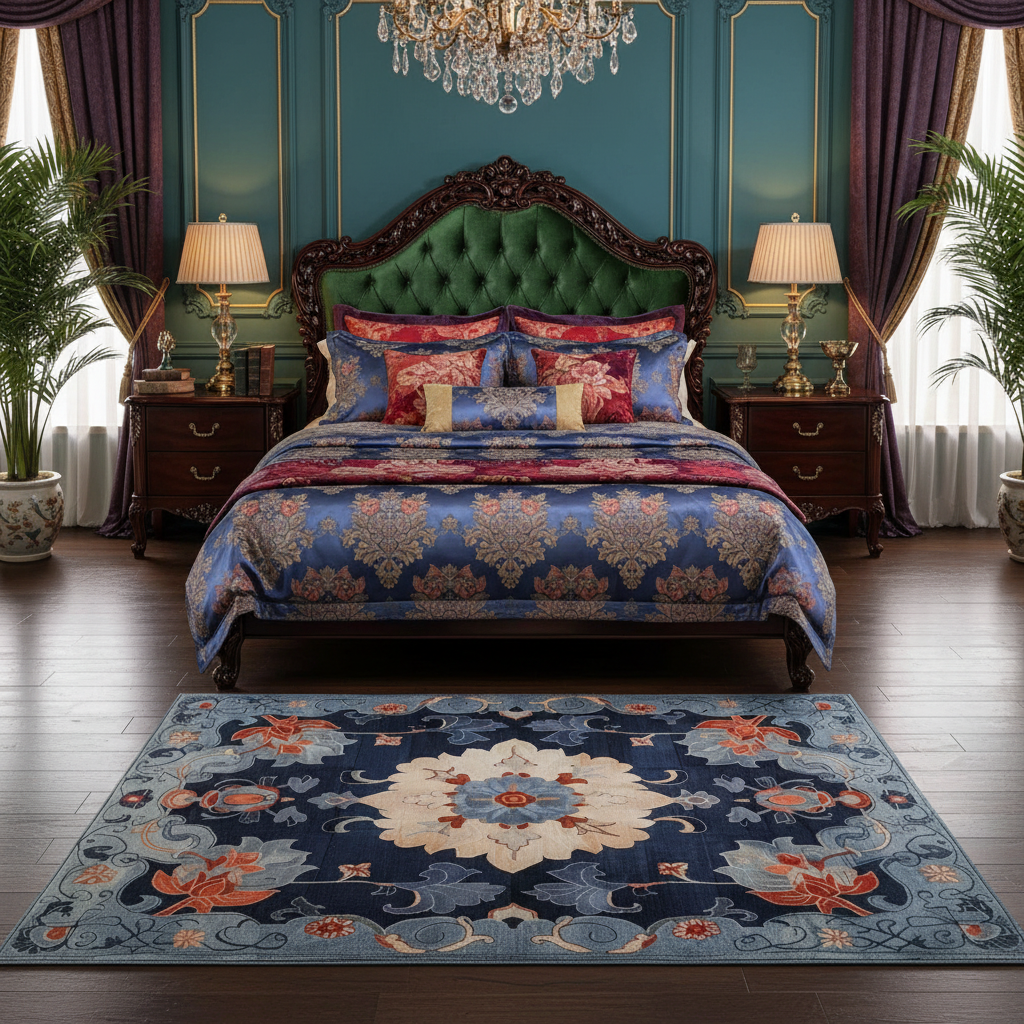 Luxurious bedroom with a large bed, decorative rug, and elegant decor.