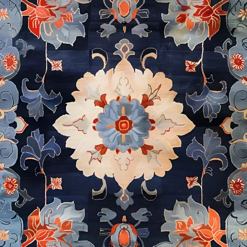 Close-up view of the Imperial Garden Hand Tufted Area Rug, showcasing its intricate vintage floral design with vibrant blue and orange hues. This wool rug is ideal for adding a touch of elegance to offices or as a large area rug for living rooms.