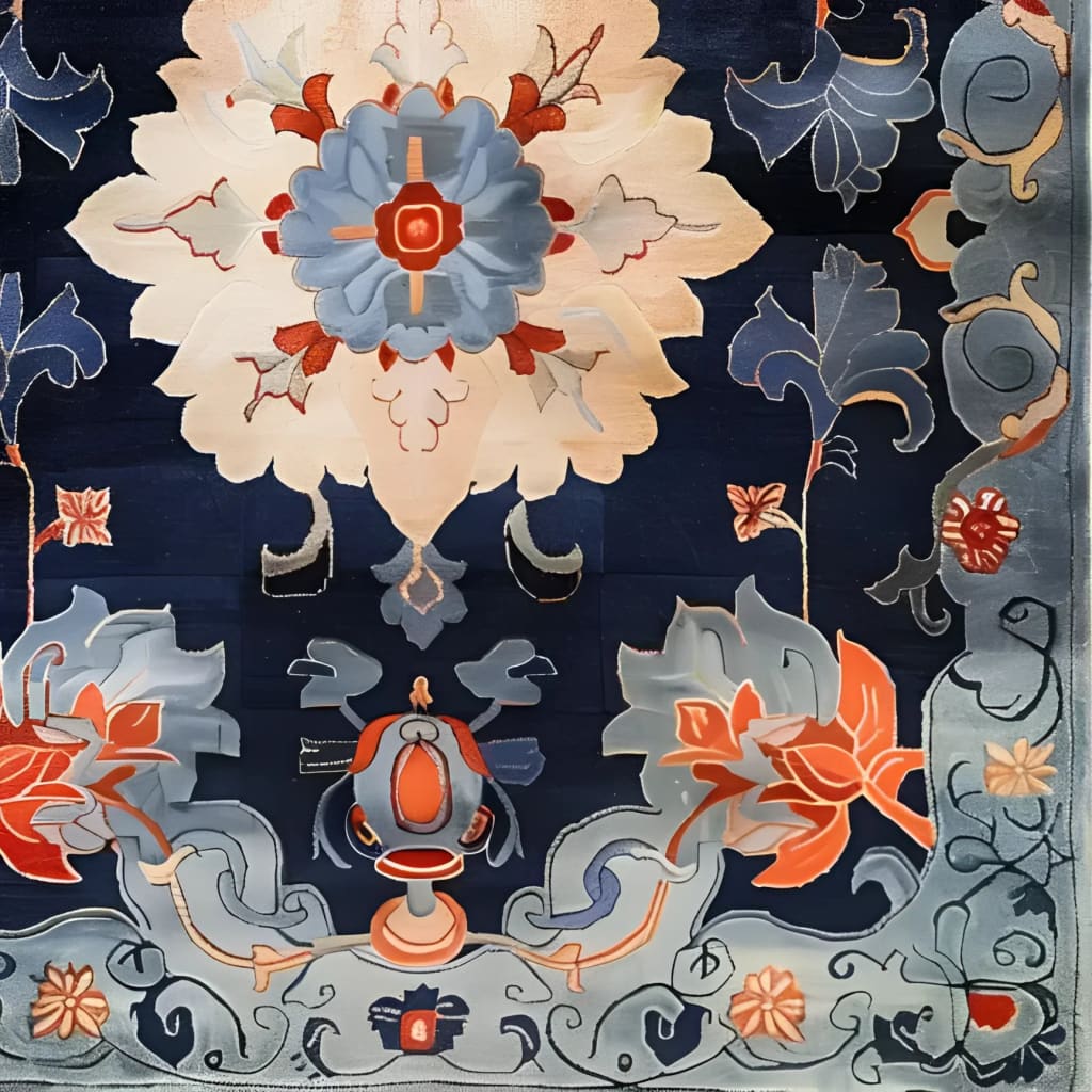 Elegant vintage wool rug with an intricate floral design in rich blues, reds, and creams, perfect as a large area rug for offices or living rooms. This hand-tufted piece combines classic charm with modern aesthetics, making it an ideal choice for those seeking stylish rugs for office spaces.