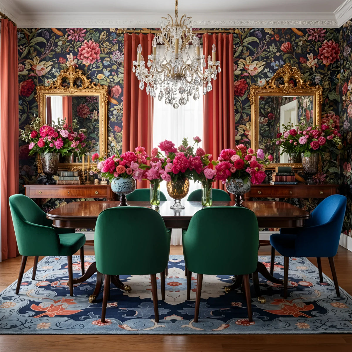 Imperial Garden blue medallion rug in an opulent dining room with velvet chairs and peony bouquets