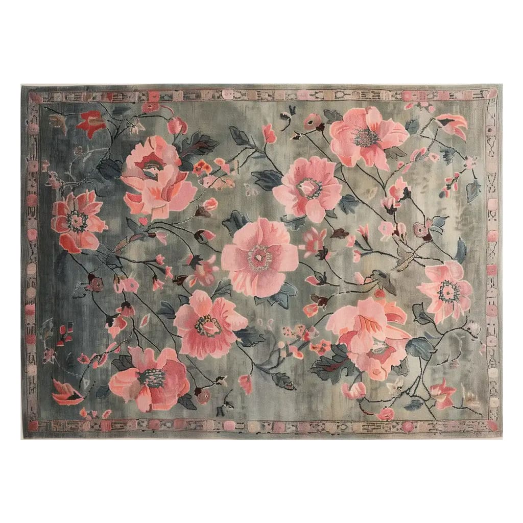 A beautifully crafted Imperial Garden Hand Tufted Wool Rug featuring a floral design with pink blossoms on a soft green background, ideal for enhancing large living room spaces. This area rug combines elegance and durability, perfect for those seeking a stylish wool rug to complement their home decor.