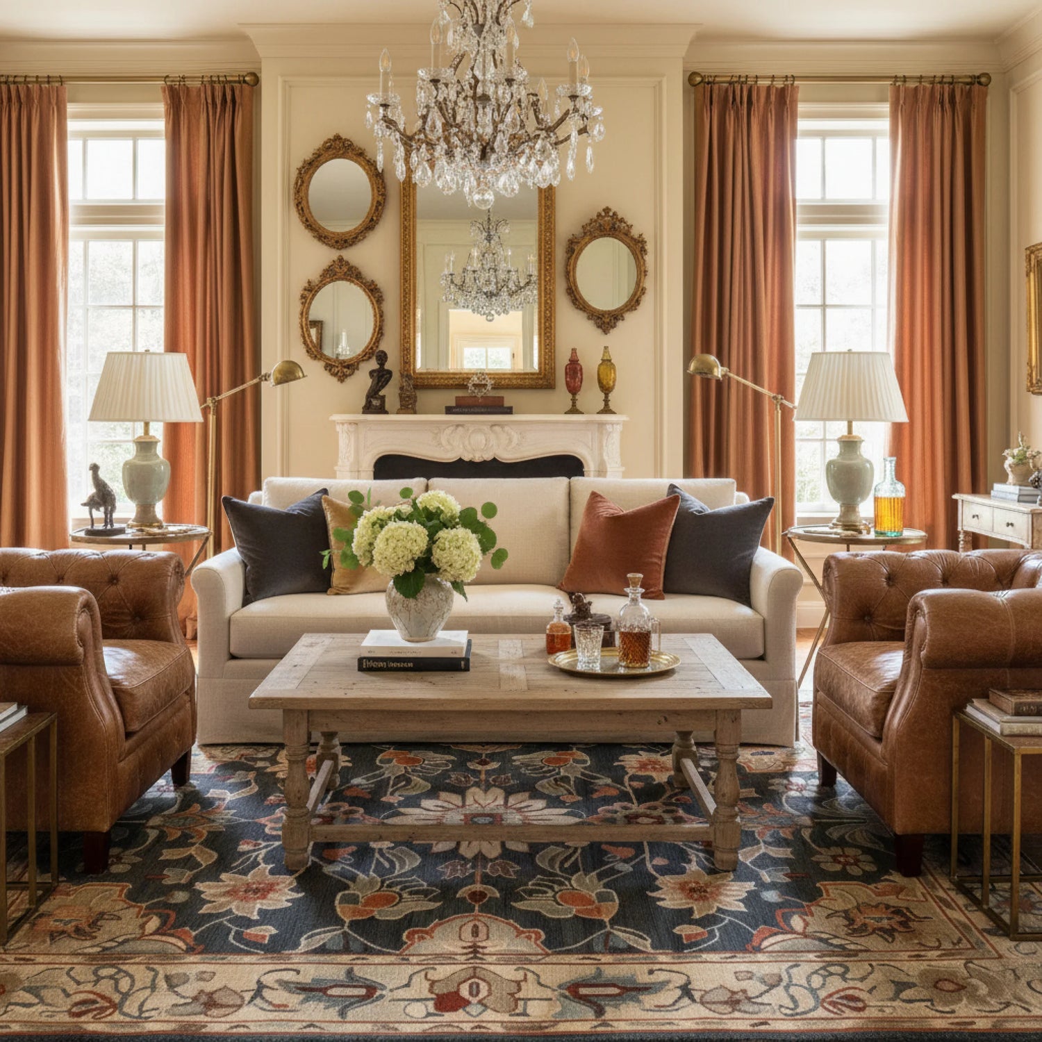 Luxurious living room with brown leather sofas, a white sofa, and decorative elements.