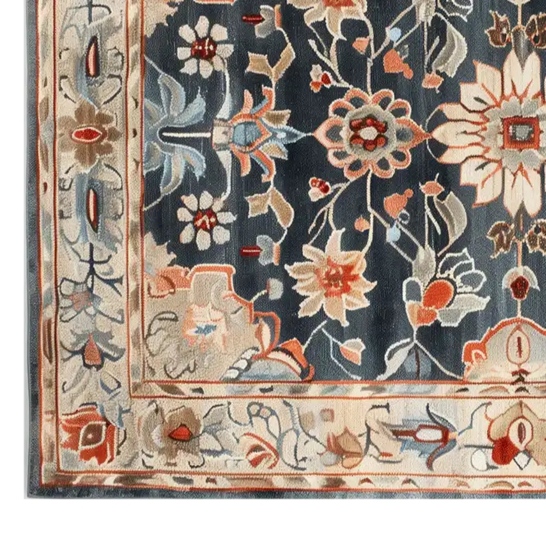 Close-up view of the Imperial Garden Hand Tufted Wool Rug showcasing intricate floral patterns in vibrant colors. This area rug is perfect for adding elegance to large living room spaces, embodying the charm of quality wool rugs.