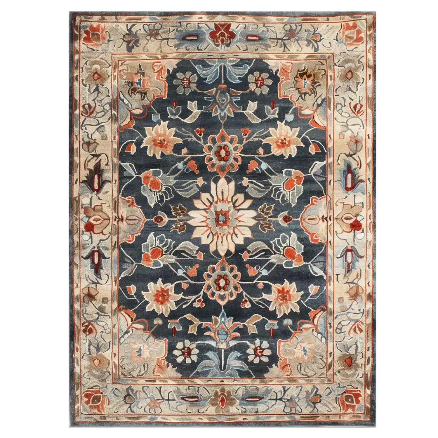Imperial Garden Hand Tufted Wool Rug featuring a vibrant floral pattern in rich blues, reds, and creams. This elegant area rug is perfect for enhancing living room spaces, offering a luxurious touch with its high-quality wool material. Ideal for those seeking large living room rugs with a unique and artistic design.