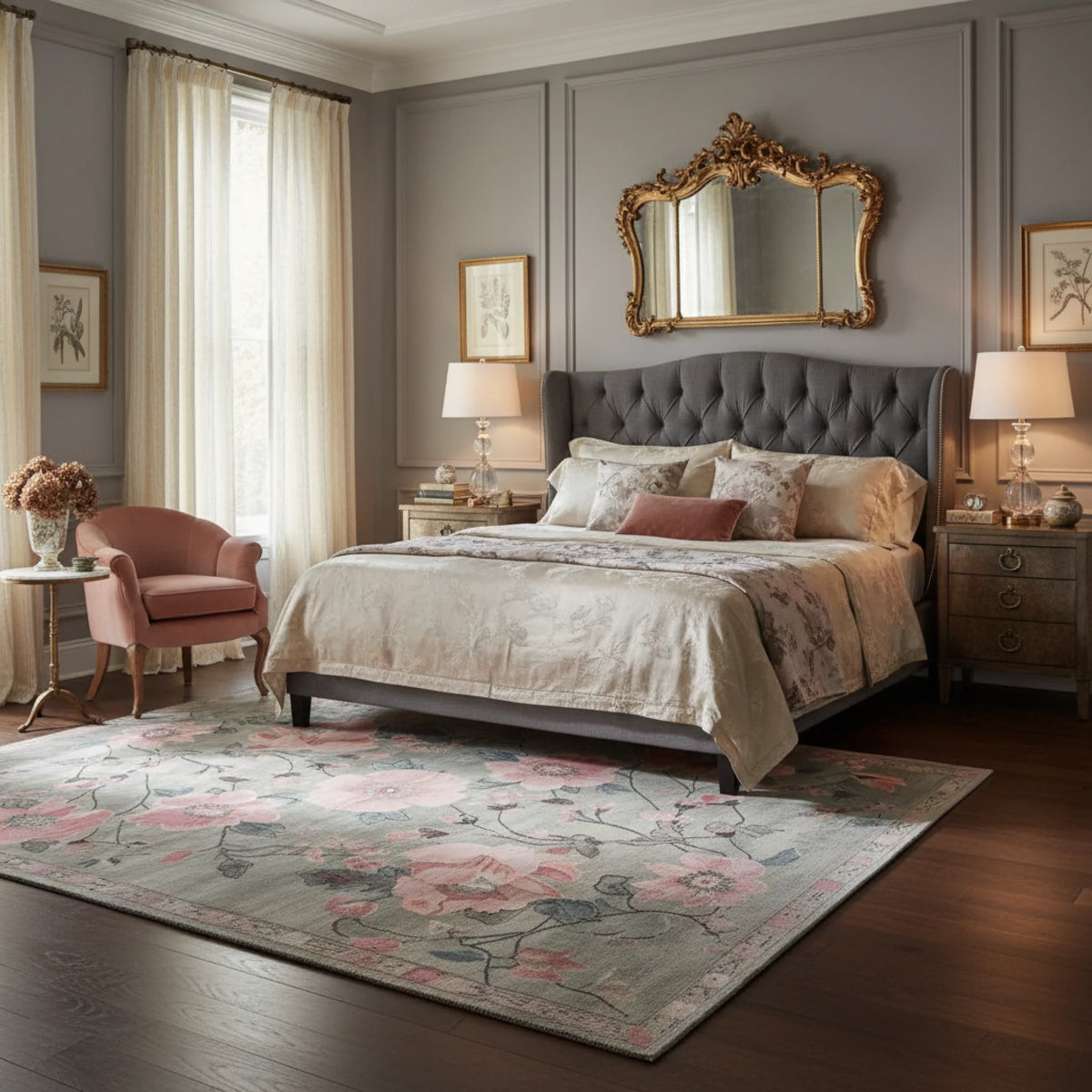 Luxurious bedroom with a large bed, ornate mirror, and floral rug.