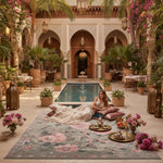 Woman lounging on a rug in a luxurious courtyard with a pool and decorative elements.