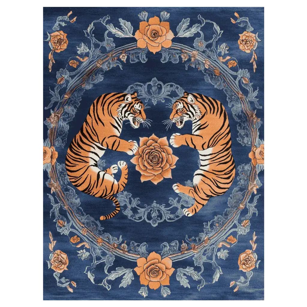 This hand-tufted area rug features a striking design with two majestic tigers surrounded by intricate floral patterns in vibrant orange and deep blue tones. Perfect as a floral rug for living rooms, this vintage-inspired wool rug adds elegance and style to any space. Ideal for those seeking unique area rugs for living room decor.