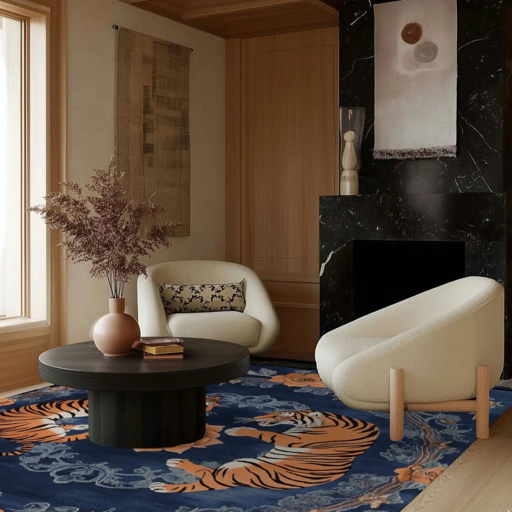 Stylish living room featuring an area rug with a striking abstract tiger design. This floral wool rug adds a vintage touch to the modern seating area, showcasing its vibrant colors and intricate patterns. Perfect for enhancing any living room decor, this hand-tufted piece blends elegance with boldness.