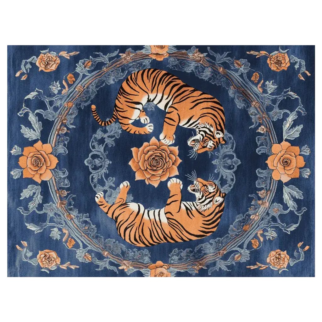 Elegant area rug featuring a vintage-inspired design with two tigers surrounded by intricate floral patterns. This wool rug is perfect for adding a touch of sophistication to your living room, combining elements of a floral rug with the durability of a wool rug.