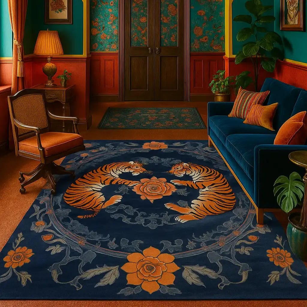 A luxurious, hand-tufted area rug featuring a stunning vintage design with vibrant orange floral patterns and majestic tigers, perfect for adding elegance to any living room. This wool rug is an ideal choice for those seeking a floral rug with a vintage touch, enhancing the ambiance of your space with its rich colors and intricate details.