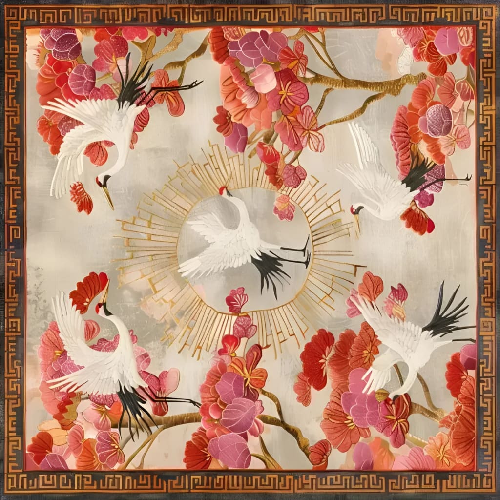 Beautiful square area rug featuring an intricate floral design with vibrant pink and red blossoms and elegant white cranes. Perfect for large living rooms, this hand-tufted wool rug combines artistry with functionality, making it an ideal centerpiece in any living room.