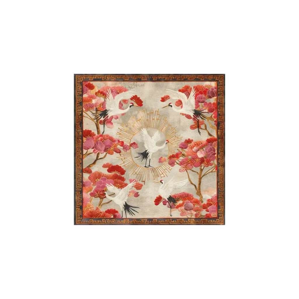 This elegant square area rug, made of hand-tufted wool, features a stunning floral design with vibrant pink and red blossoms and graceful cranes. Perfect for large living rooms, this wool rug adds a touch of sophistication and warmth to any space. The intricate pattern and high-quality material make it an ideal choice for those seeking luxurious area rugs for their living room.