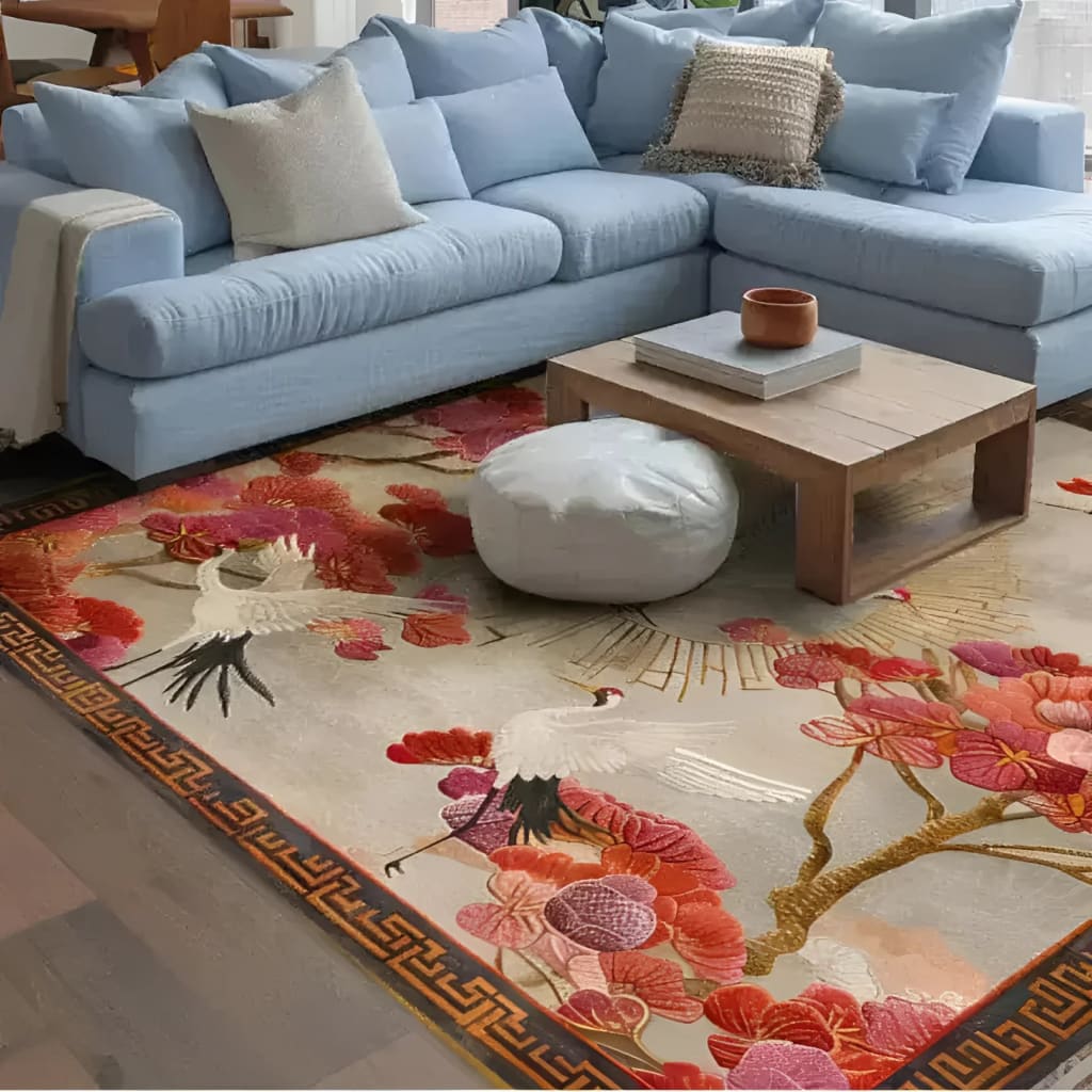 Elegant square area rug in a living room setting, featuring a vibrant floral design with cranes on a wool surface. This large living room rug complements the light blue sectional sofa and modern wooden coffee table, adding a touch of luxury and warmth.