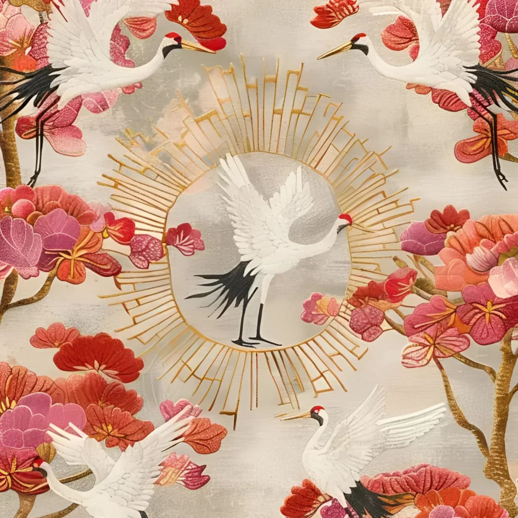 Imperial Iconography Square Hand Tufted Wool Rug showcasing a vibrant floral design with elegant cranes, perfect for adding a touch of luxury to your living room. This large square area rug features rich red and pink hues, ideal for those seeking high-quality wool rugs to enhance their space.