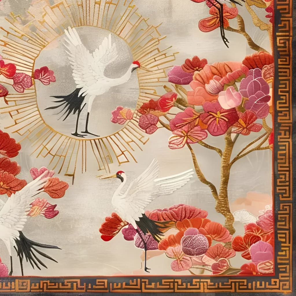 A beautifully designed square area rug featuring a striking floral pattern with cranes set against a light background. The rug's vibrant colors and intricate details make it an ideal choice for large living room spaces. Made from high-quality wool, this hand-tufted floral rug adds elegance and warmth, perfect for enhancing any living room decor.