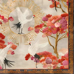 A beautifully designed square area rug featuring a striking floral pattern with cranes set against a light background. The rug's vibrant colors and intricate details make it an ideal choice for large living room spaces. Made from high-quality wool, this hand-tufted floral rug adds elegance and warmth, perfect for enhancing any living room decor.