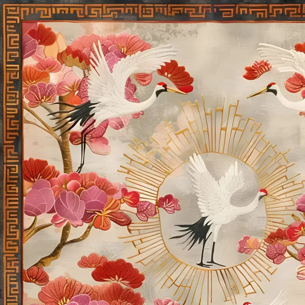 This beautiful square area rug features a stunning floral design with cranes, perfect for adding elegance to any living room. The hand-tufted wool rug showcases vibrant pink and red flowers, complemented by graceful white cranes, set against a soft background. Ideal for large living rooms, this floral rug brings an artistic touch to your space.