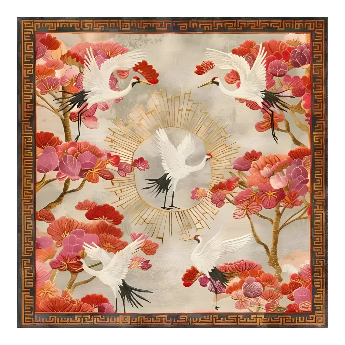 Elegant square area rug with intricate floral and bird design, perfect for large living rooms. This hand-tufted wool rug features vibrant red and pink flowers with graceful cranes, embodying a unique blend of art and comfort. Ideal for those seeking area rugs for living rooms with a touch of traditional iconography.