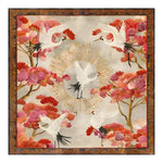 Elegant square area rug with intricate floral and bird design, perfect for large living rooms. This hand-tufted wool rug features vibrant red and pink flowers with graceful cranes, embodying a unique blend of art and comfort. Ideal for those seeking area rugs for living rooms with a touch of traditional iconography.