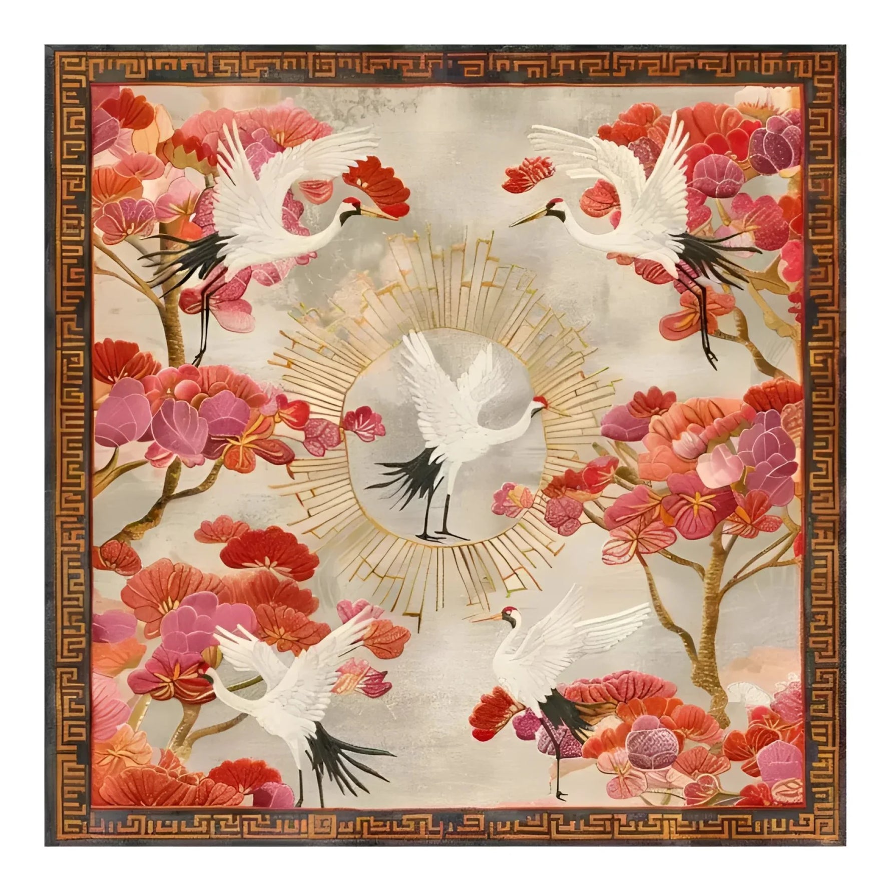 Elegant square area rug with intricate floral and bird design, perfect for large living rooms. This hand-tufted wool rug features vibrant red and pink flowers with graceful cranes, embodying a unique blend of art and comfort. Ideal for those seeking area rugs for living rooms with a touch of traditional iconography.